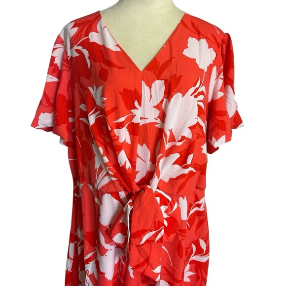 Lane Bryant Coral Floral Tie Knot Waist Midi Lined Short Sleeves Dress Size 20 - Picture 2 of 13